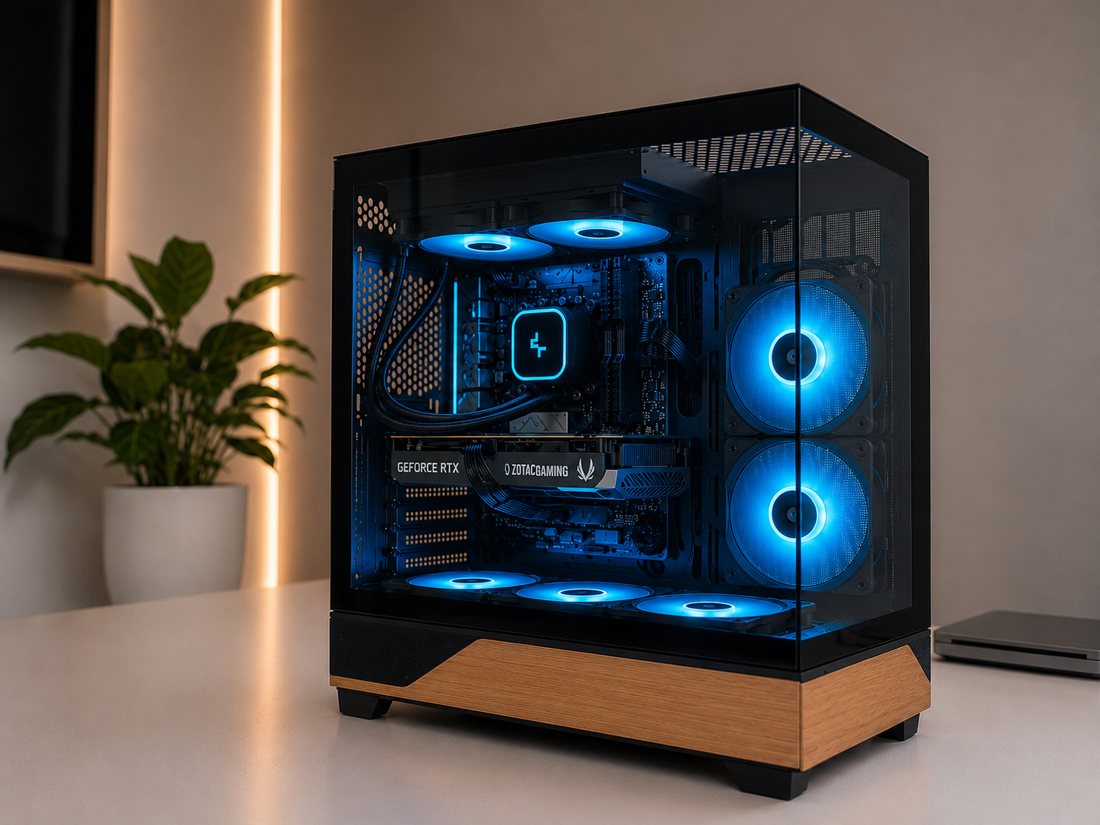 Gaming build met blauwe RGB-verlichting, gebouwd door NA PC BUILDS