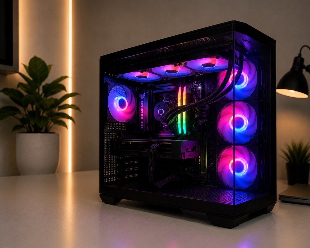 Gaming PC build met paars-blauwe RGB-verlichting, TUF Gaming onderdelen