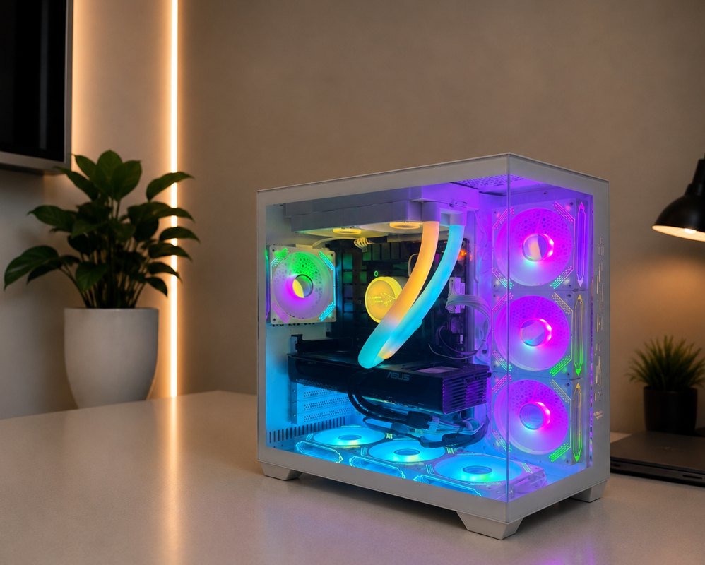 Workstation build met witte behuizing en kleurrijke RGB-koeling