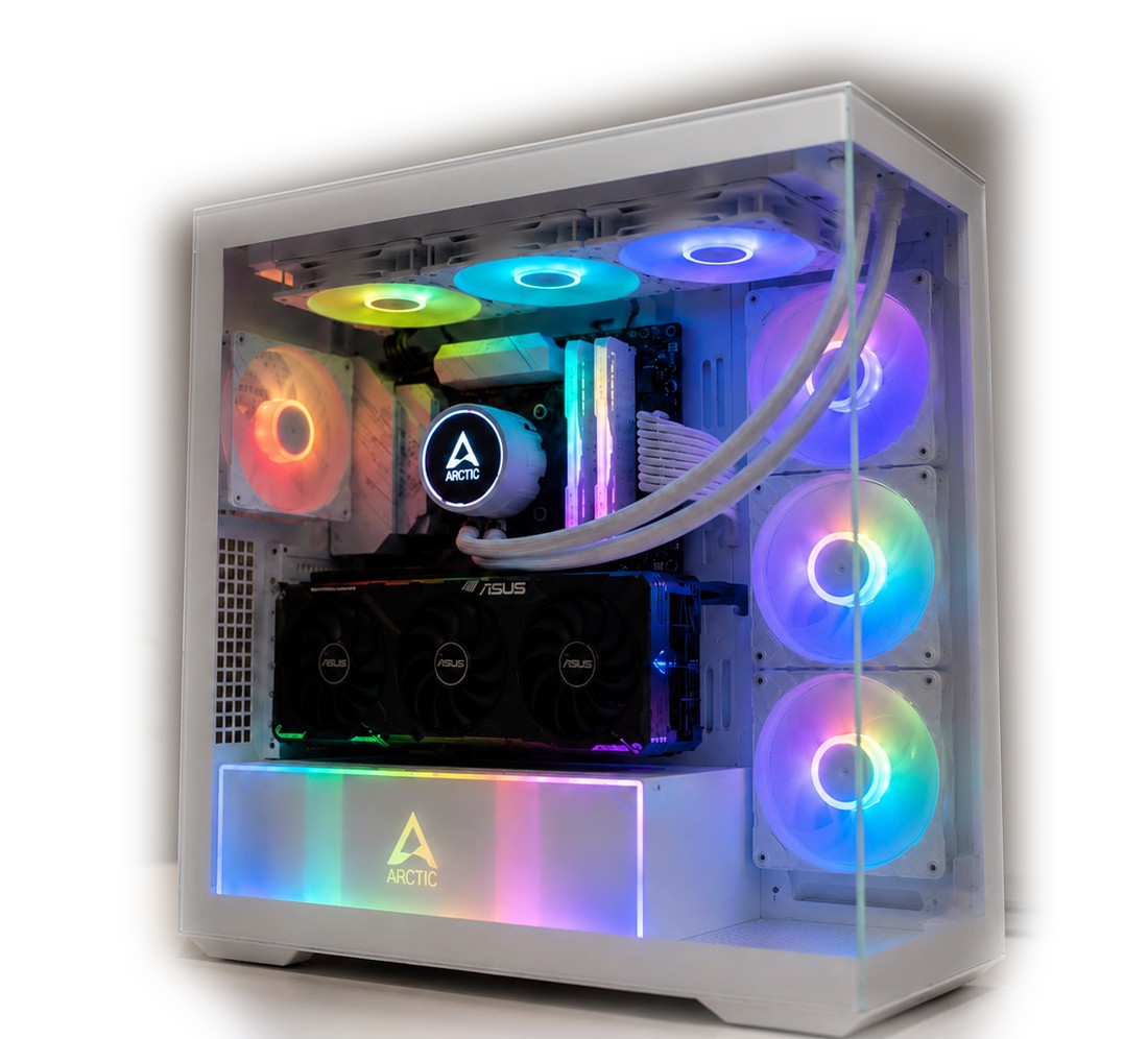 Witte ARCTIC PC build met kleurrijke RGB-verlichting, gebouwd door NA PC BUILDS